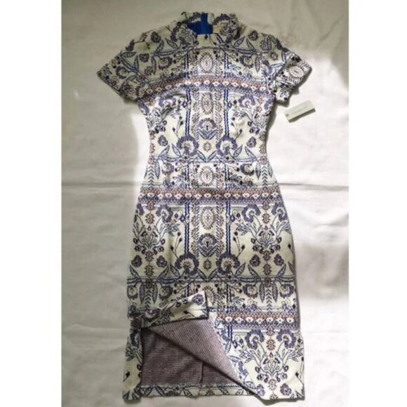 Anthropologie Dress Large Petite Blue Short Sleeve Midi Mock Neck Stretch Knit - Picture 4 of 7